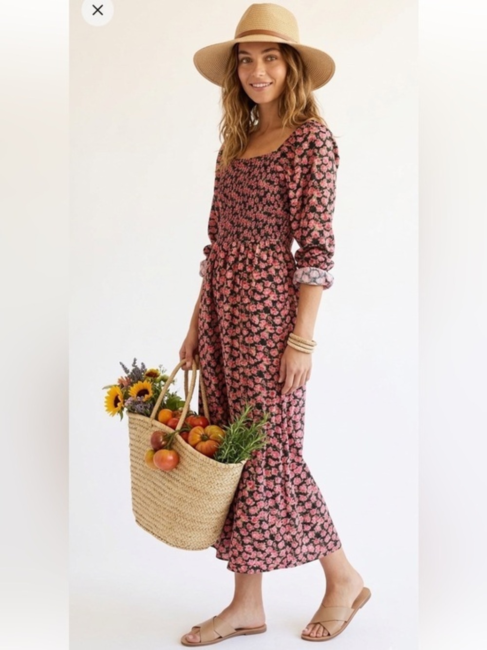 Black & Pink Floral Print Smocked Long Sleeve Midi Dress Size 4